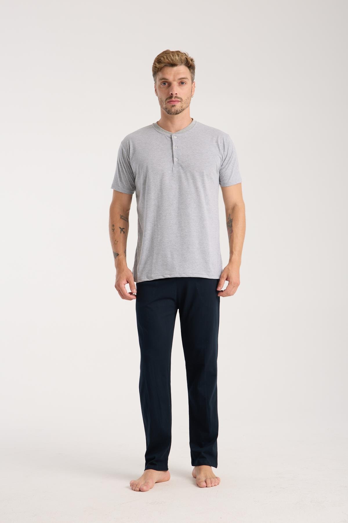 Akbeniz Erkek Gri Düğmeli Yaka Kısa Kol Pijama Takımı