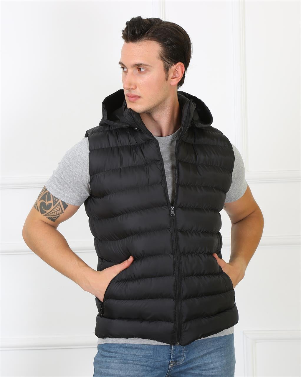 Akbeniz Erkek Kapşonlu Siyah Şişme Yelek 75100