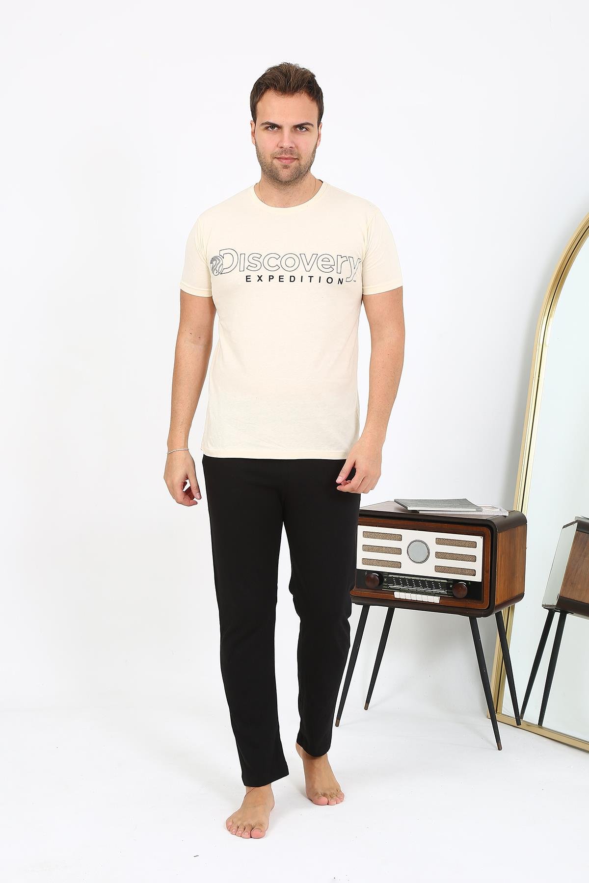 Akbeniz Erkek Kısa Kol Penye Pijama Takımı 6866 Krem