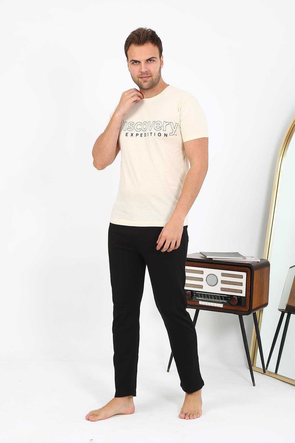 Akbeniz Erkek Kısa Kol Penye Pijama Takımı 6866 Krem