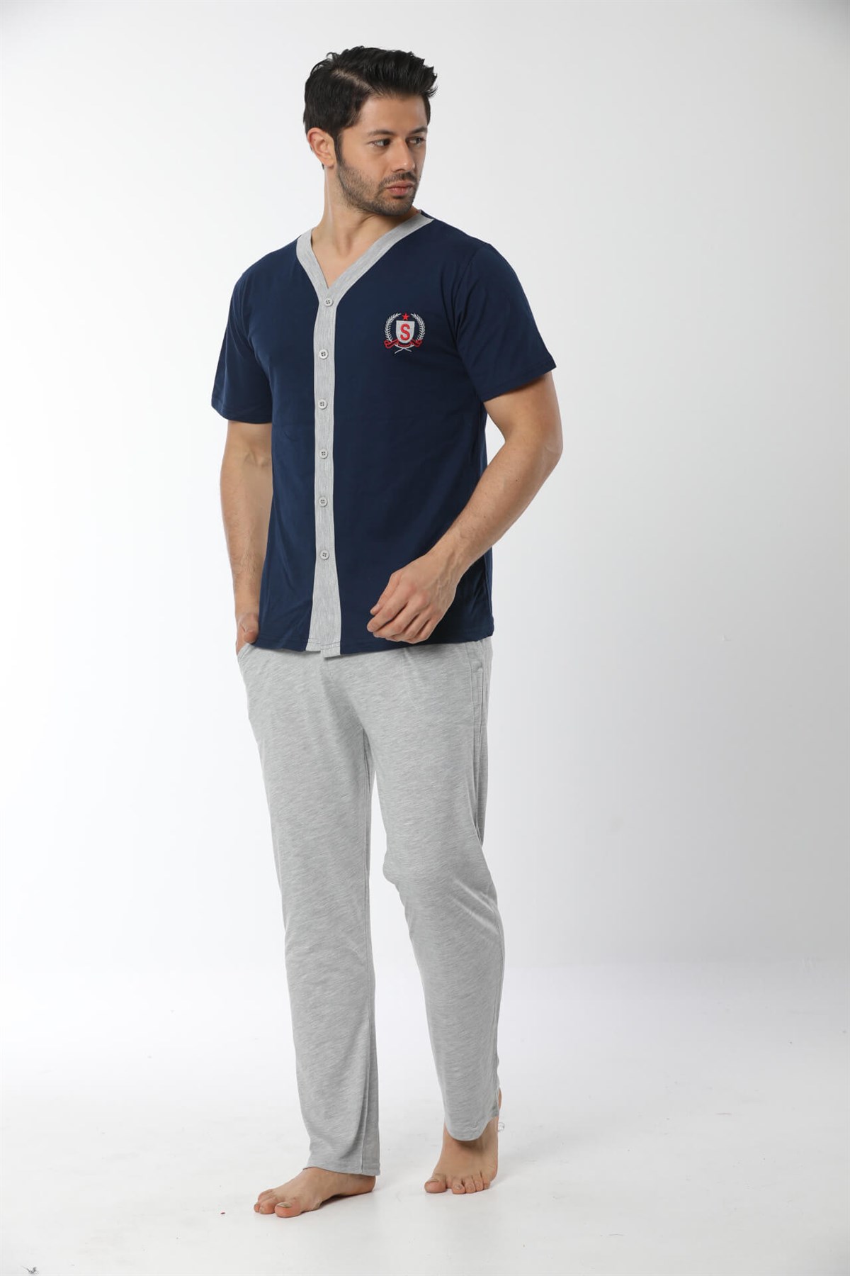 Akbeniz Erkek Lacivert Önden Düğmeli Pijama Takım 6536