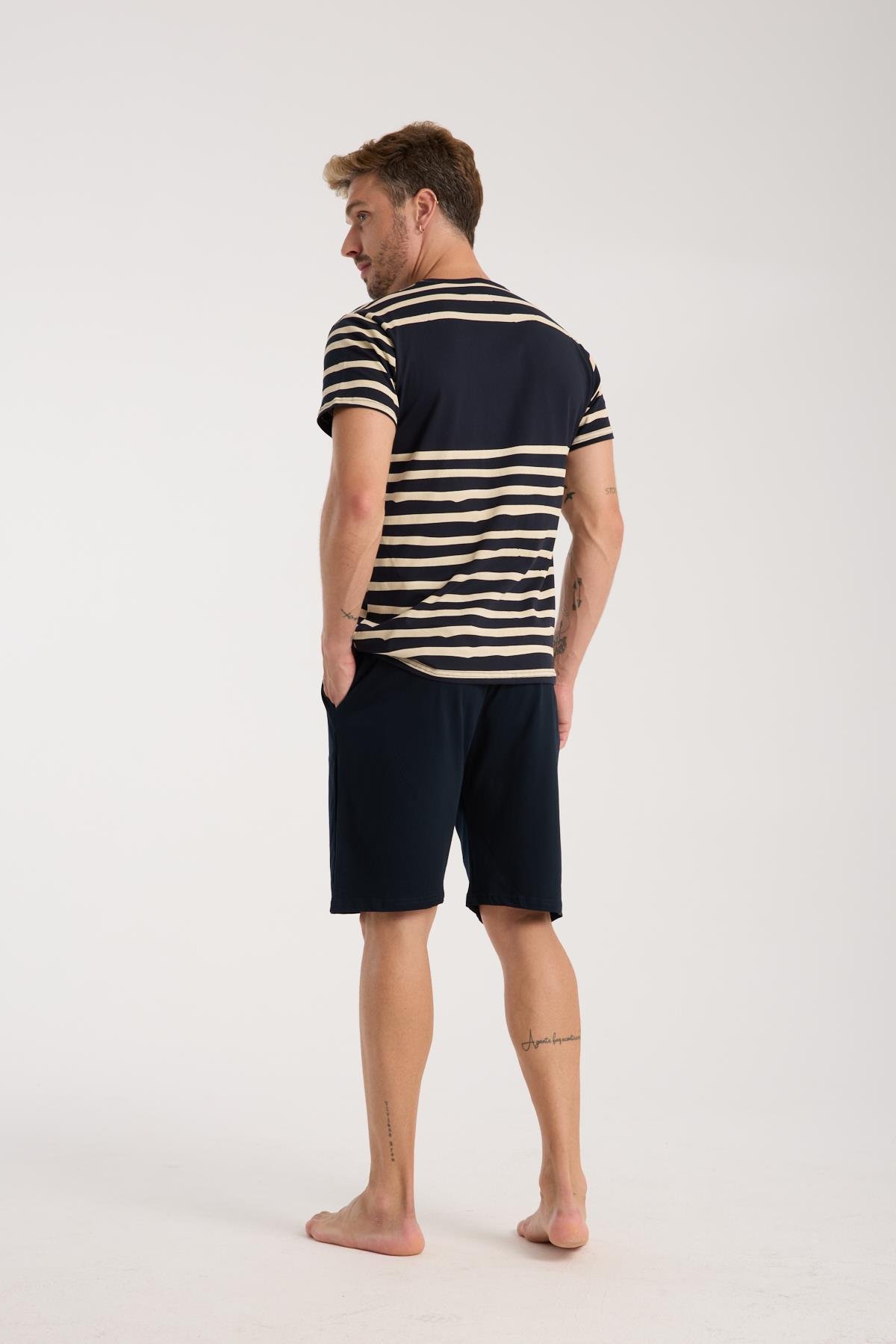 Akbeniz Erkek Lacivert Sıfır Yaka Kısa Kol Şortlu Pijama Takımı