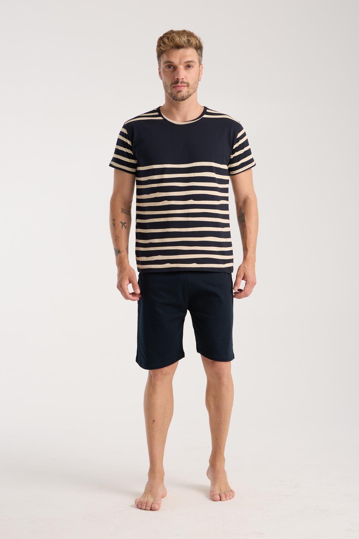 Akbeniz Erkek Lacivert Sıfır Yaka Kısa Kol Şortlu Pijama Takımı