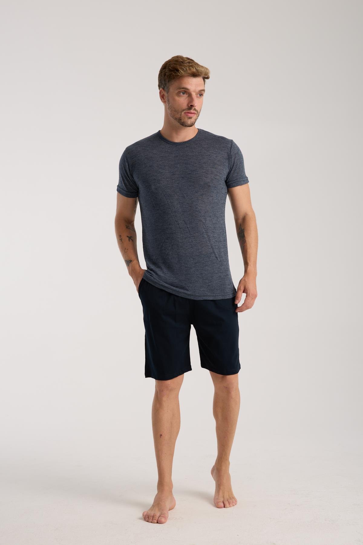 Akbeniz Erkek Lacivert Sıfır Yaka Kısa Kol Şortlu Pijama Takımı