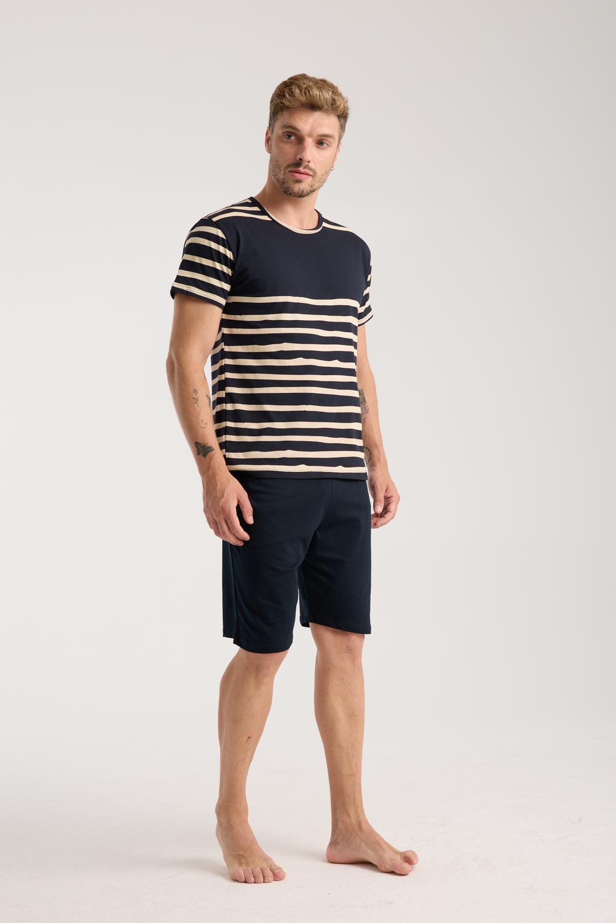Akbeniz Erkek Lacivert Sıfır Yaka Kısa Kol Şortlu Pijama Takımı