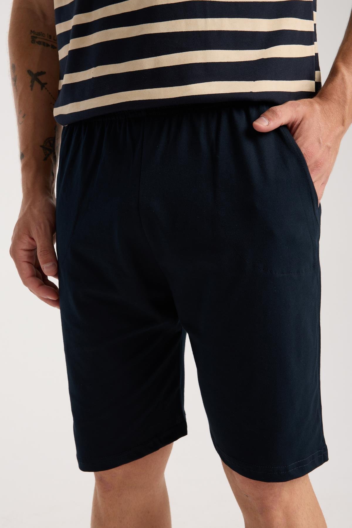 Akbeniz Erkek Lacivert Sıfır Yaka Kısa Kol Şortlu Pijama Takımı