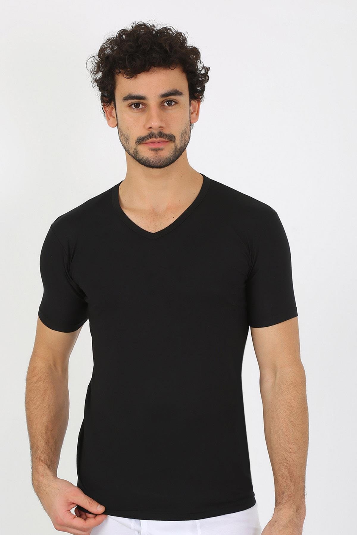 Akbeniz Erkek Likralı V Yaka Siyah T-Shirt 65700