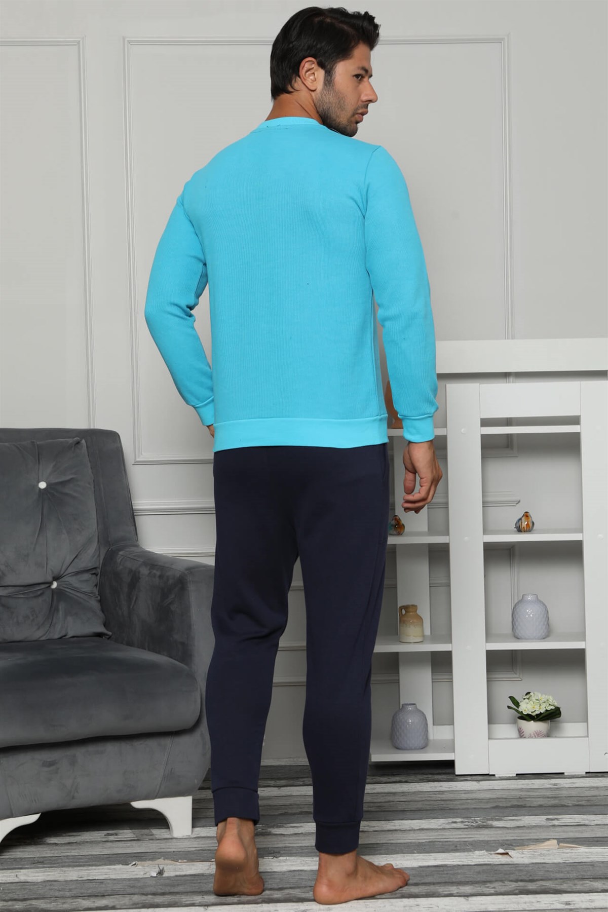 Akbeniz Erkek Pamuk Cepli Ribana Paça Uzun Kollu Pijama Takımı 6700
