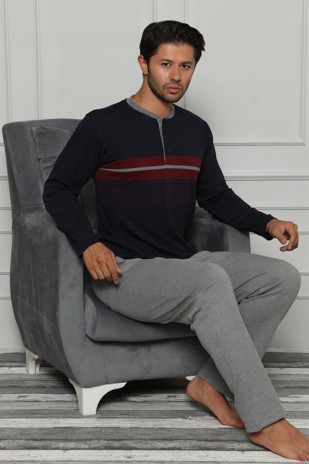 Akbeniz Erkek Pamuk Cepli Uzun Kollu Pijama Takımı 6714