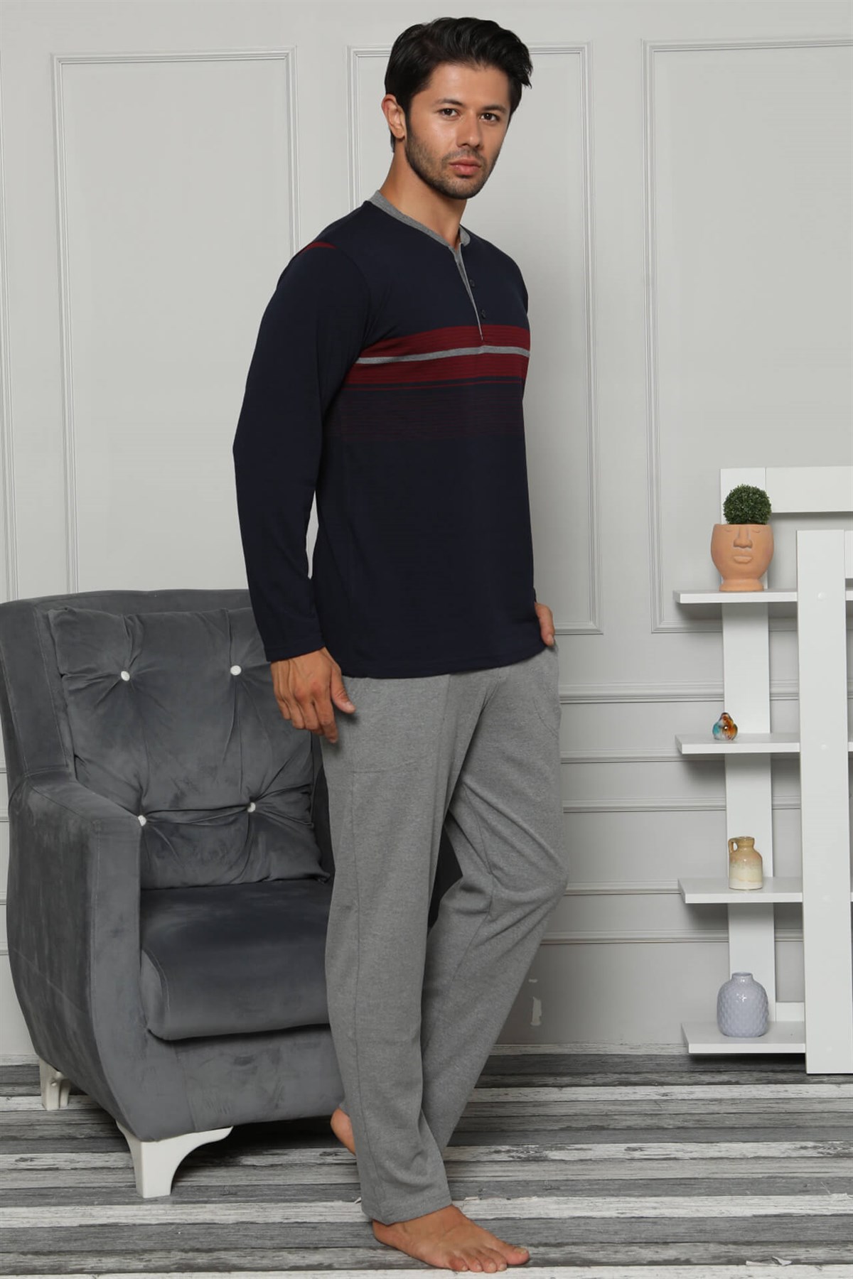 Akbeniz Erkek Pamuk Cepli Uzun Kollu Pijama Takımı 6714