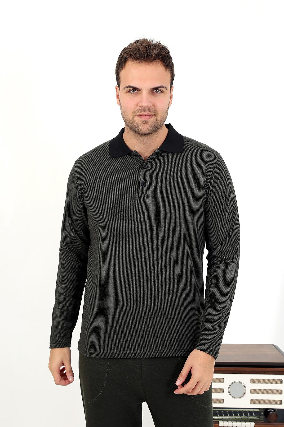 Akbeniz Erkek Polo Yaka Uzun Kol Penye Pijama Takımı 6862 Haki
