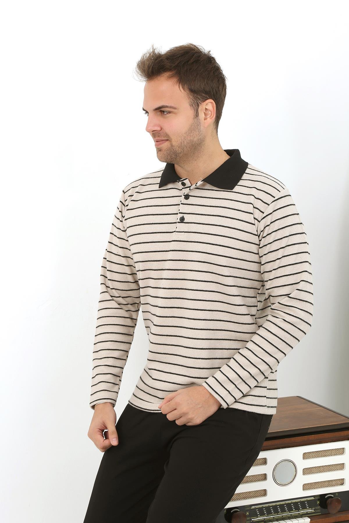 Akbeniz Erkek Polo Yaka Uzun Kol Penye Pijama Takımı 6862 Krem