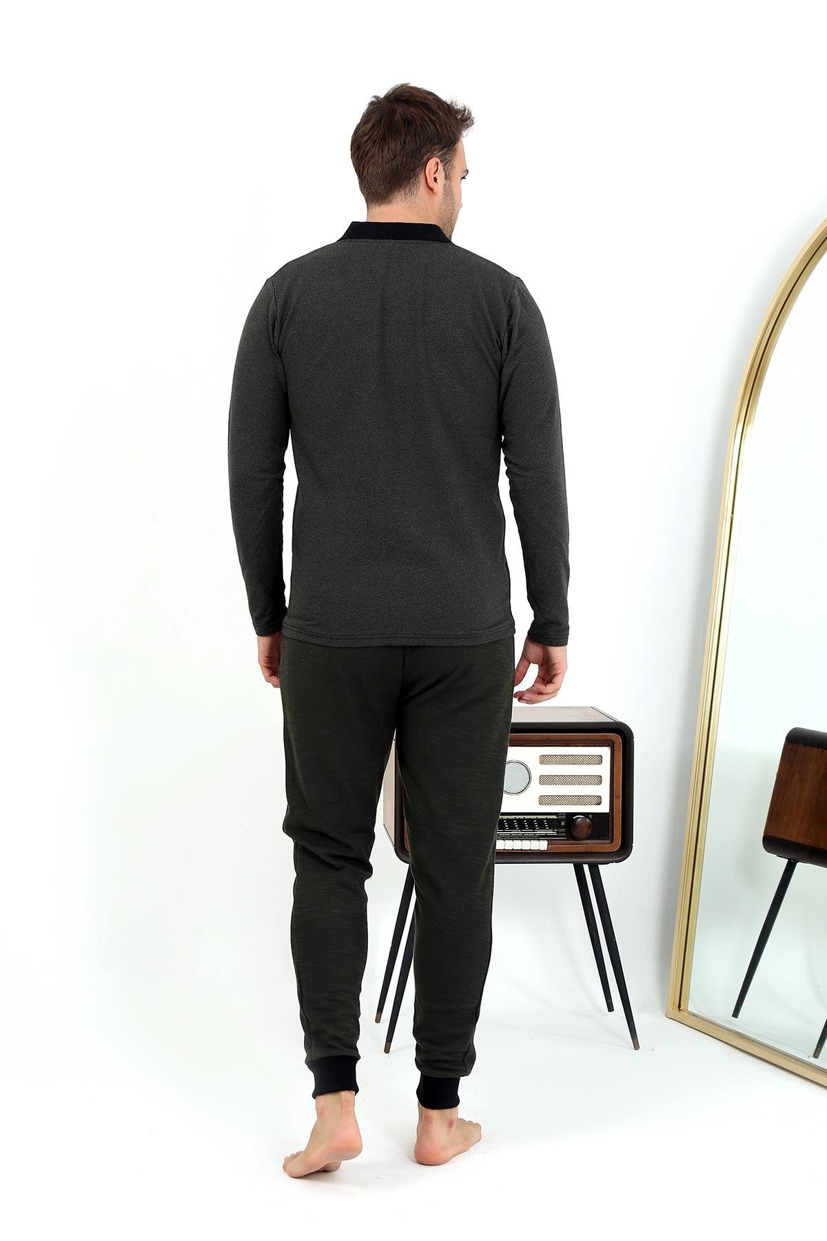 Akbeniz Erkek Polo Yaka Uzun Kol Penye Pijama Takımı 6862 Haki