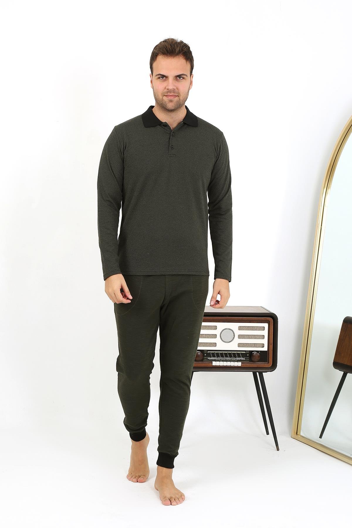 Akbeniz Erkek Polo Yaka Uzun Kol Penye Pijama Takımı 6862 Haki
