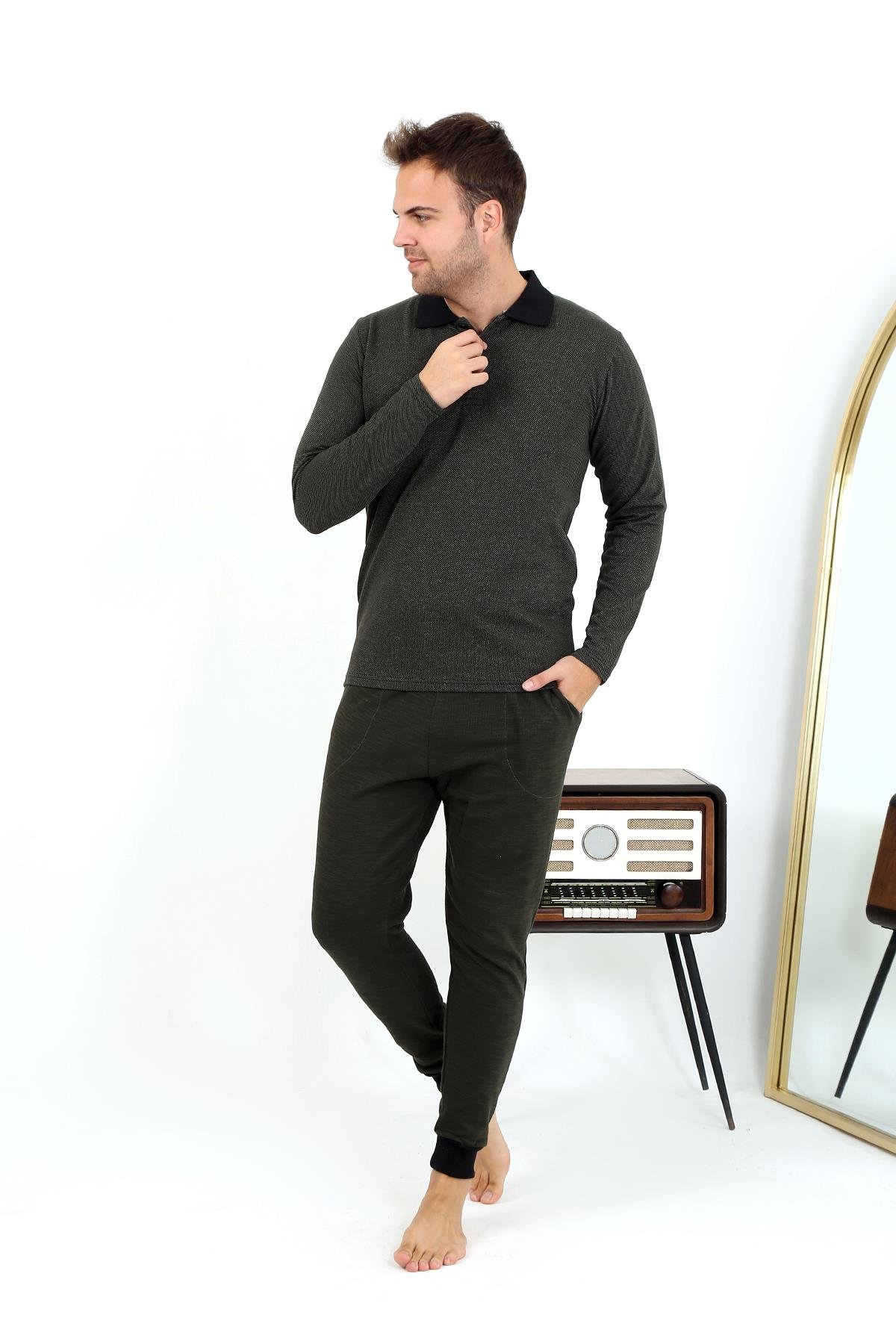Akbeniz Erkek Polo Yaka Uzun Kol Penye Pijama Takımı 6862 Haki