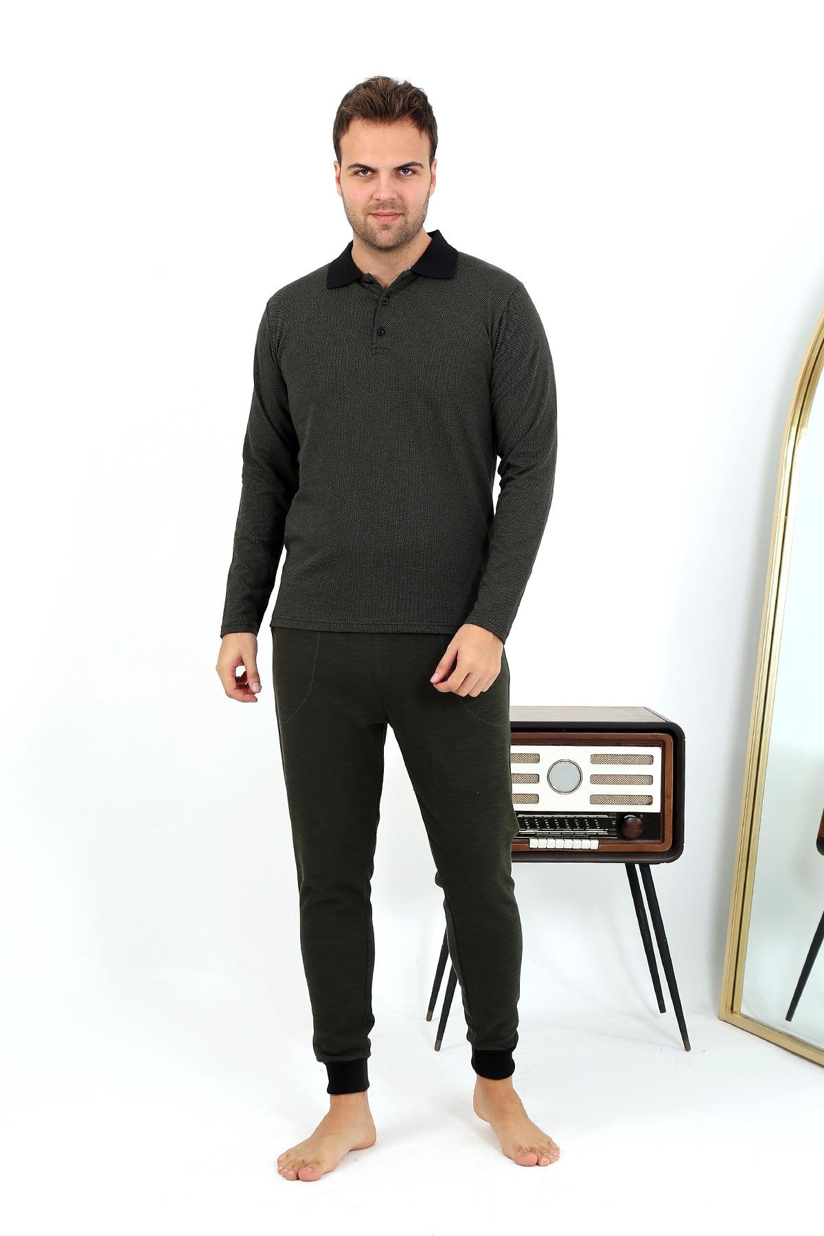 Akbeniz Erkek Polo Yaka Uzun Kol Penye Pijama Takımı 6862 Haki