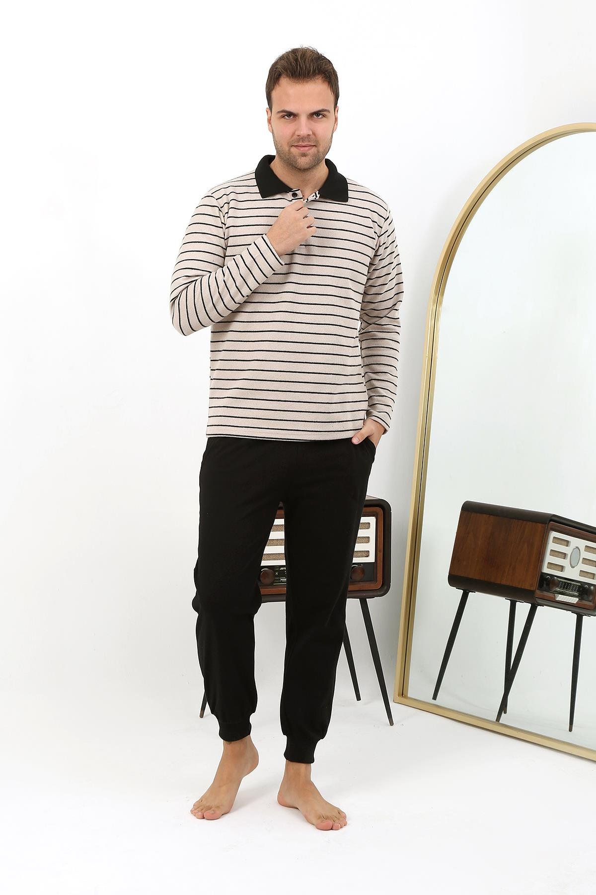 Akbeniz Erkek Polo Yaka Uzun Kol Penye Pijama Takımı 6862 Krem