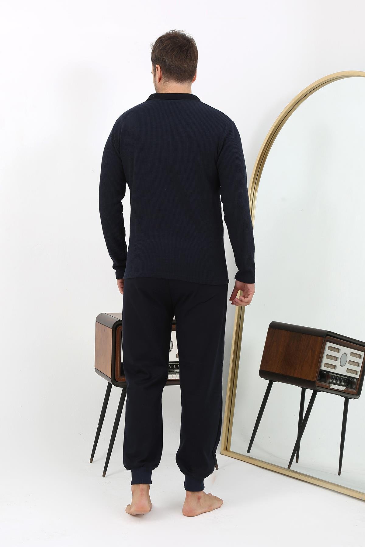 Akbeniz Erkek Polo Yaka Uzun Kol Penye Pijama Takımı 6862 Lacivert
