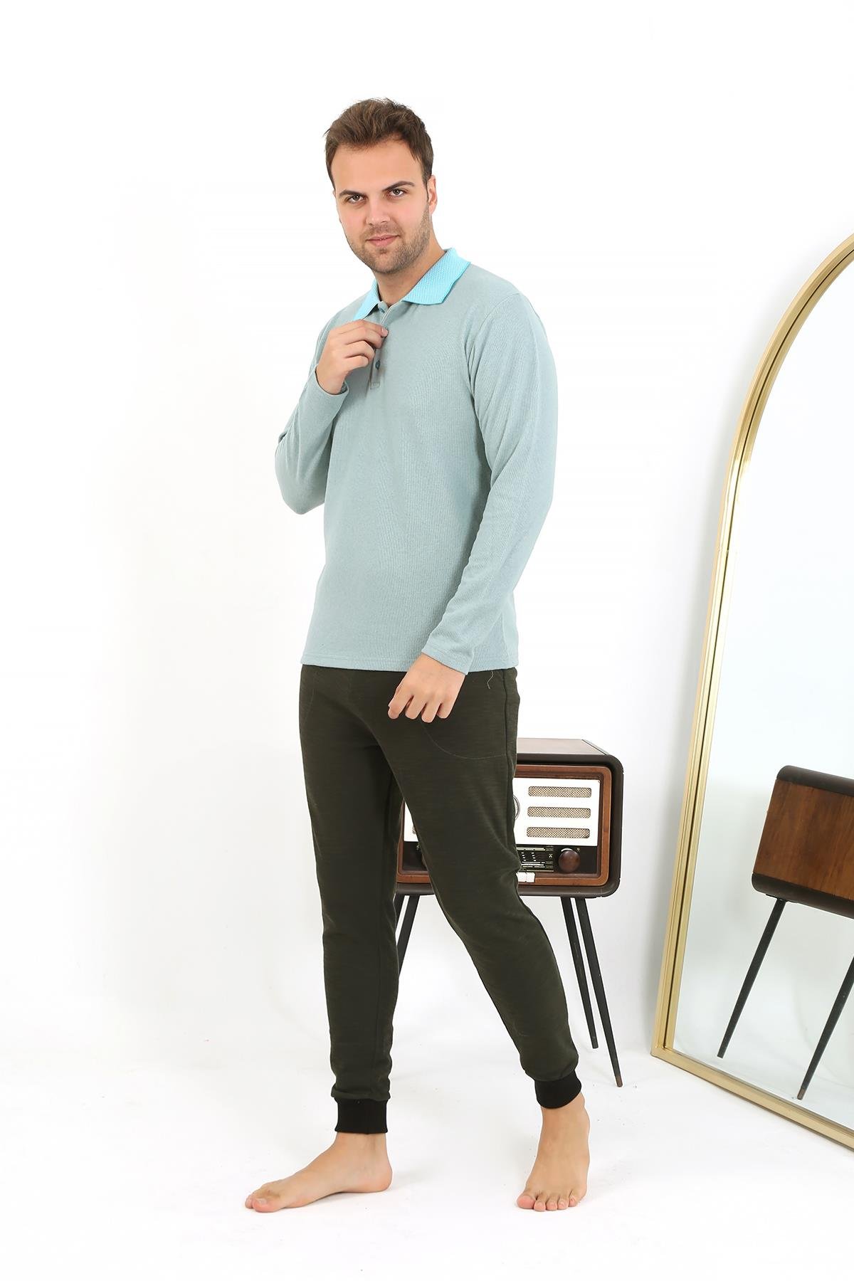 Akbeniz Erkek Polo Yaka Uzun Kol Penye Pijama Takımı 6862 Su Yeşili