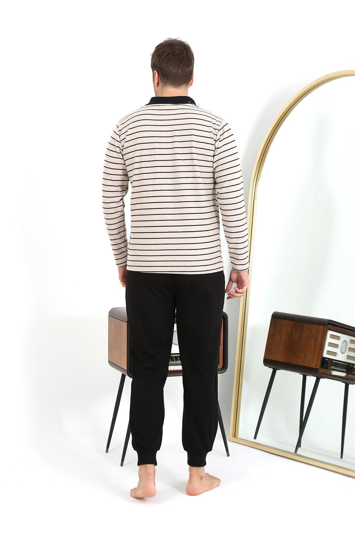 Akbeniz Erkek Polo Yaka Uzun Kol Penye Pijama Takımı 6862 Krem