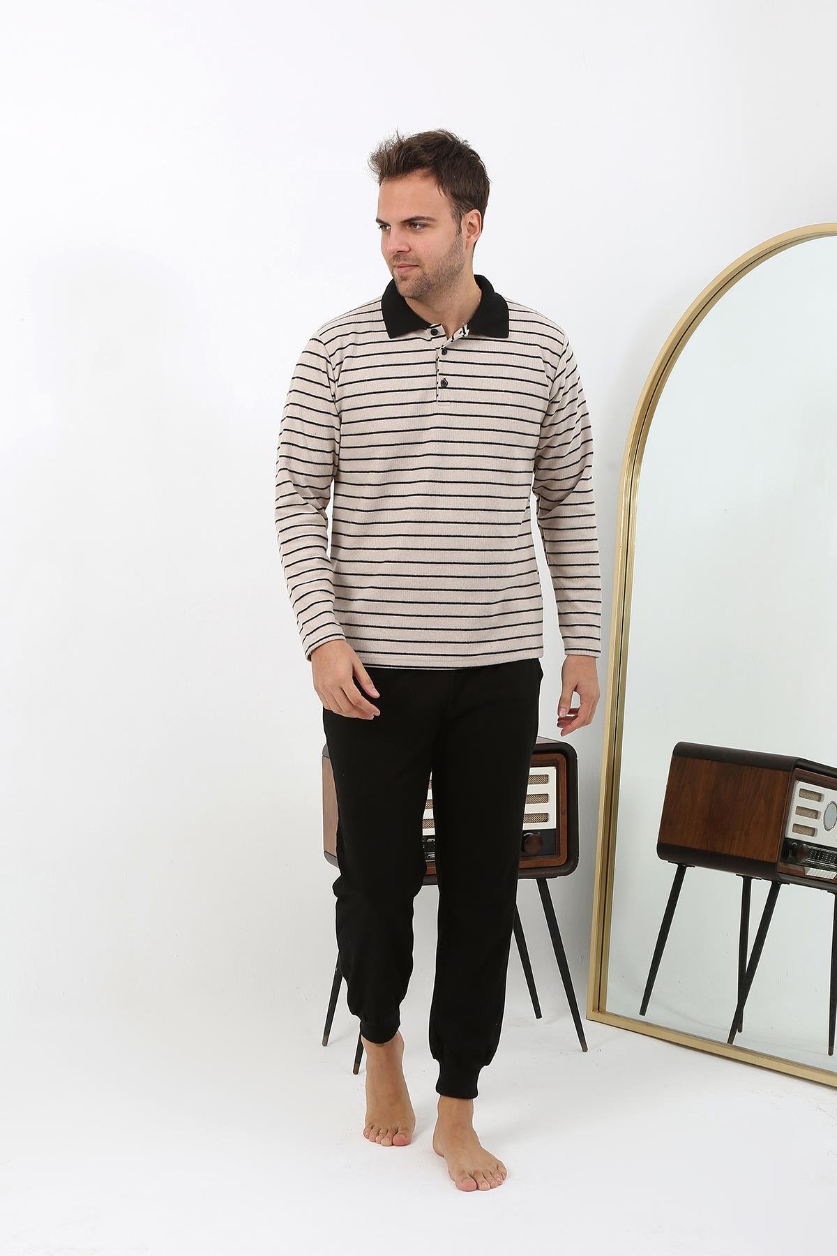 Akbeniz Erkek Polo Yaka Uzun Kol Penye Pijama Takımı 6862 Krem