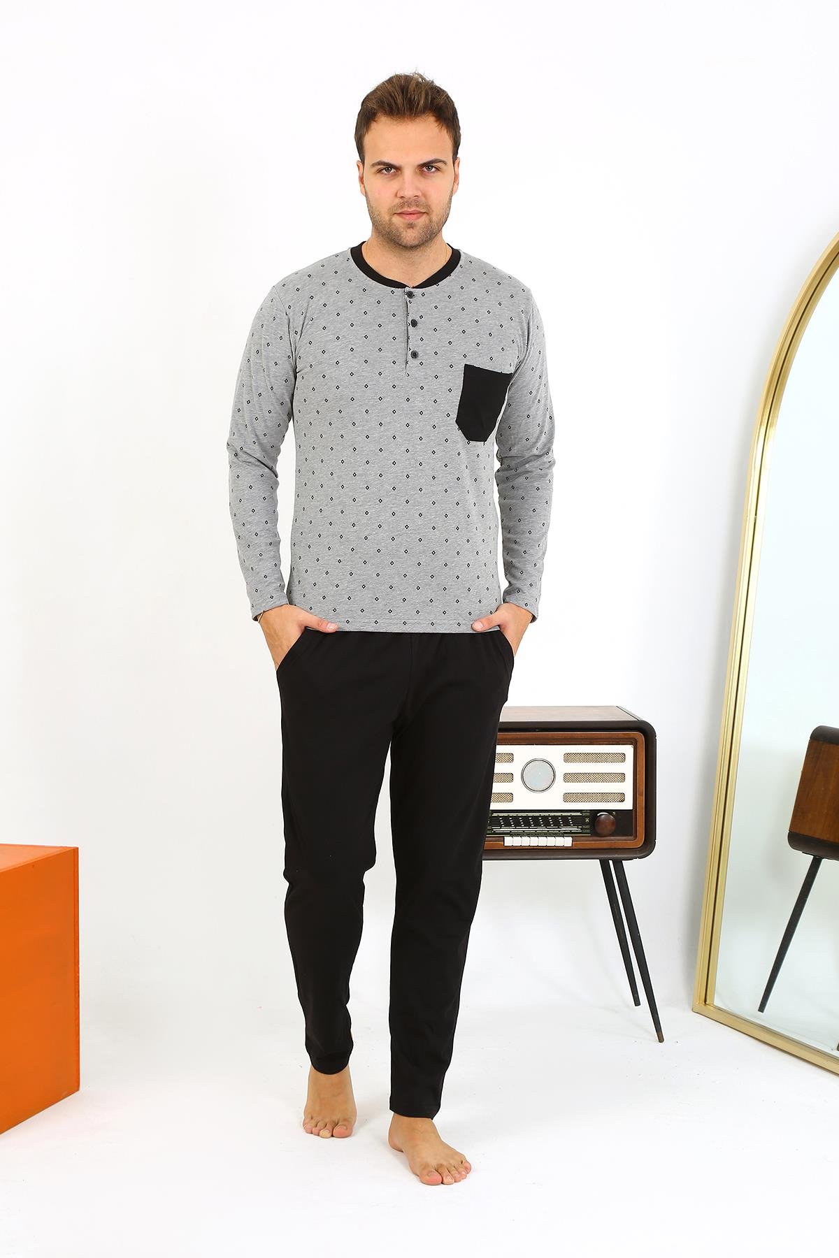 Akbeniz Erkek Uzun Kol Penye Füme Pijama Takımı 6861
