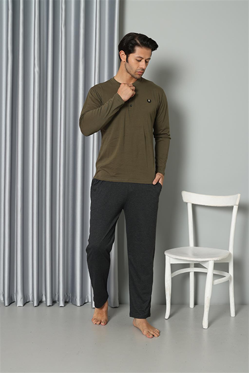 Akbeniz Erkek Uzun Kol Penye Haki Pijama Takım 6841
