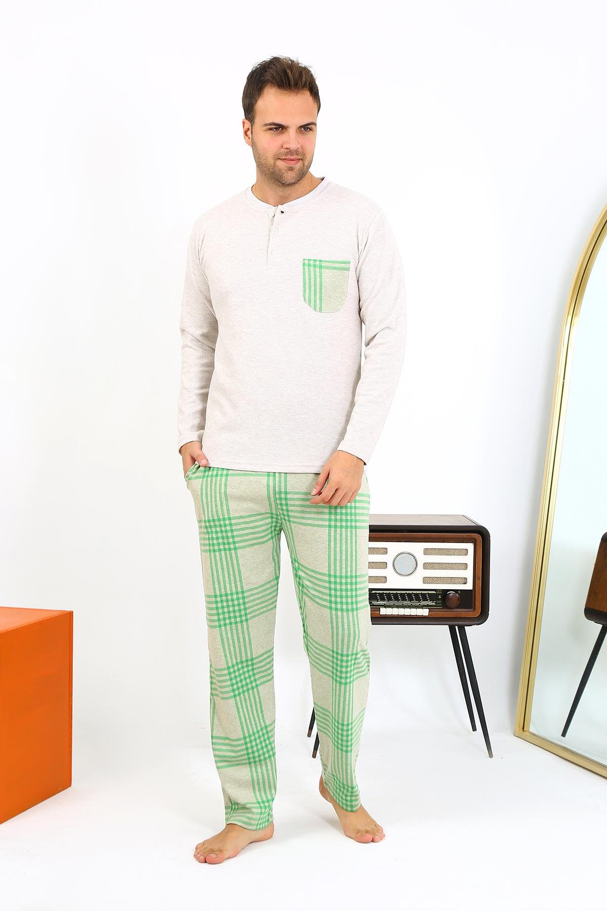 Akbeniz Erkek Uzun Kol Penye Krem Pijama Takımı 6861
