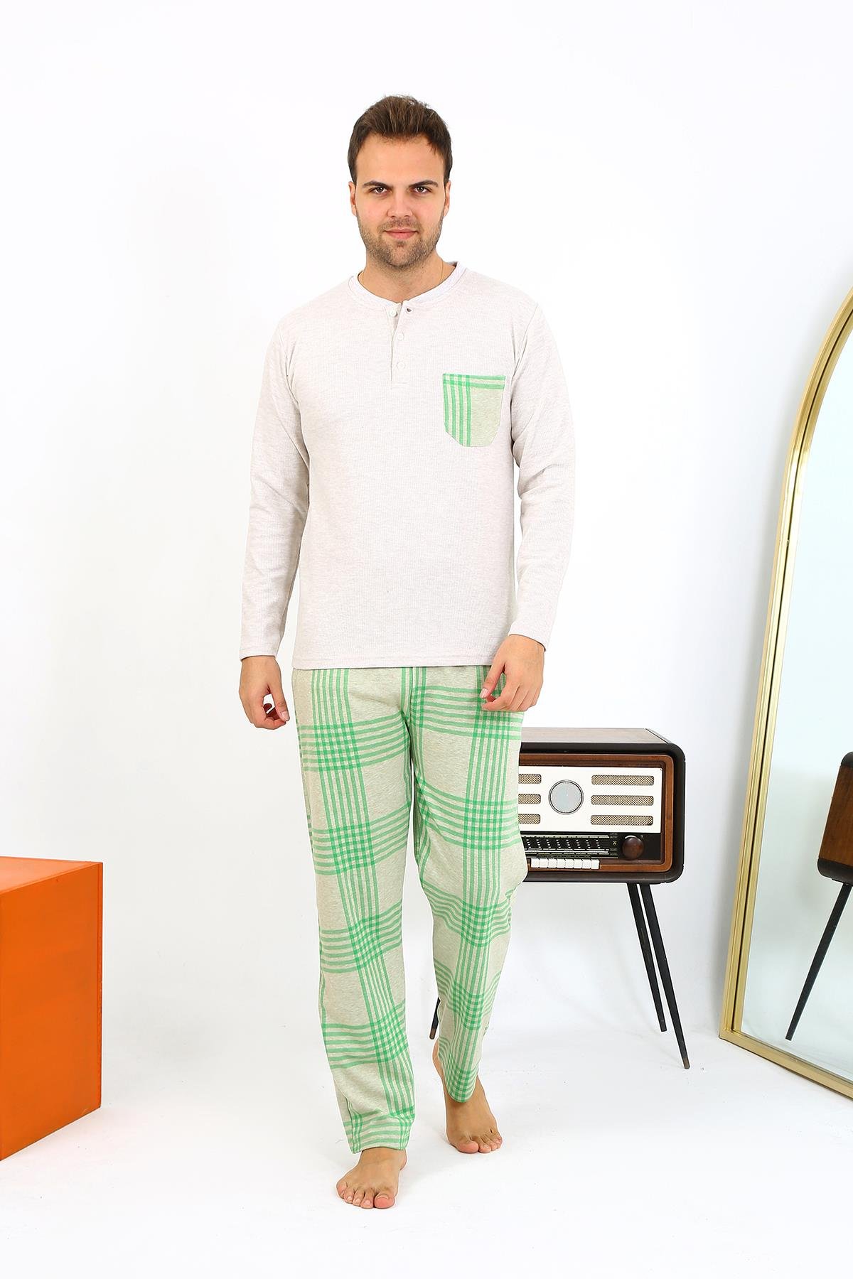 Akbeniz Erkek Uzun Kol Penye Krem Pijama Takımı 6861