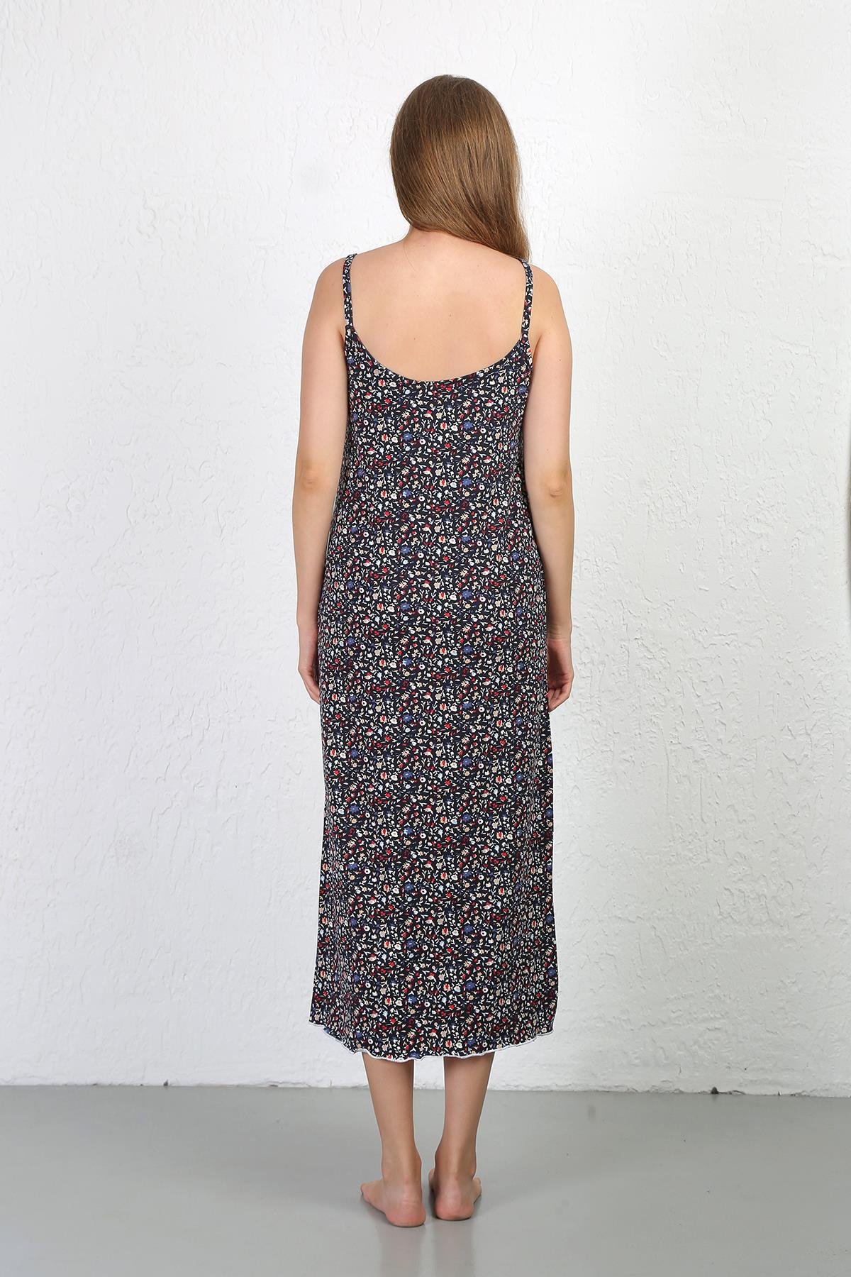 Akbeniz İp Askılı Uzun Yırtmaçlı Penye Gecelik 90129 Lacivert