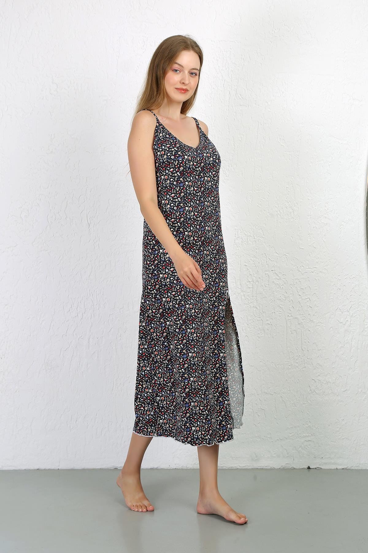 Akbeniz İp Askılı Uzun Yırtmaçlı Penye Gecelik 90129 Lacivert