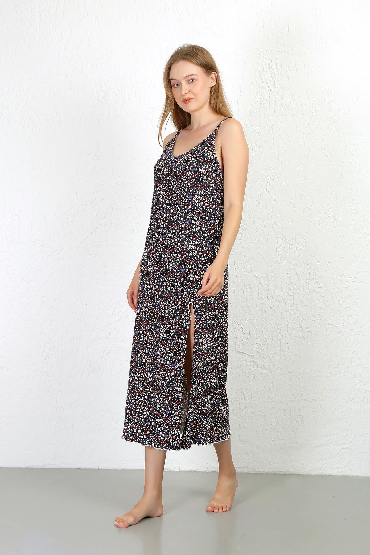 Akbeniz İp Askılı Uzun Yırtmaçlı Penye Gecelik 90129 Lacivert