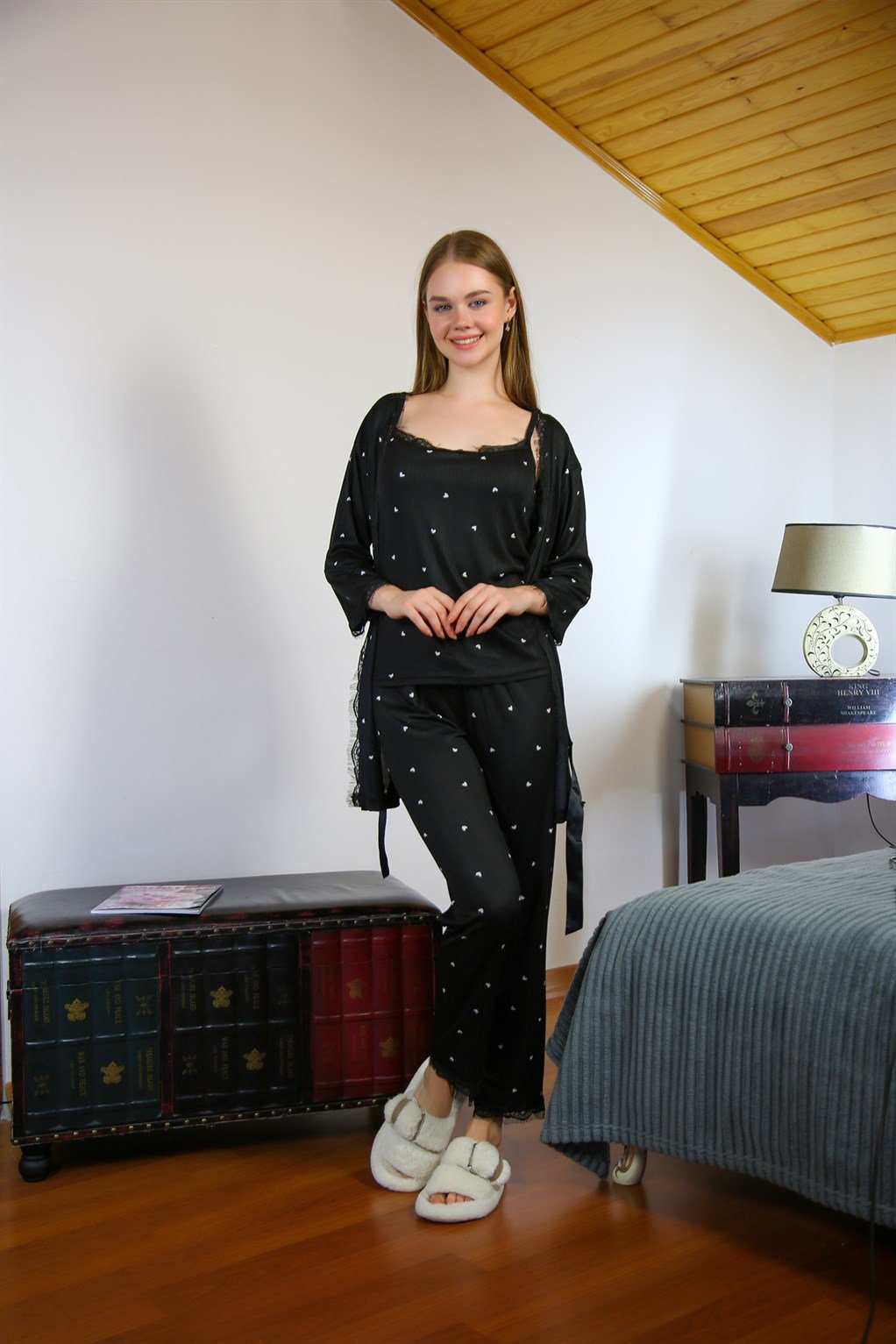 Akbeniz Kadın %100 Pamuk 3'lü Sabahlık Pijama Takım 16103