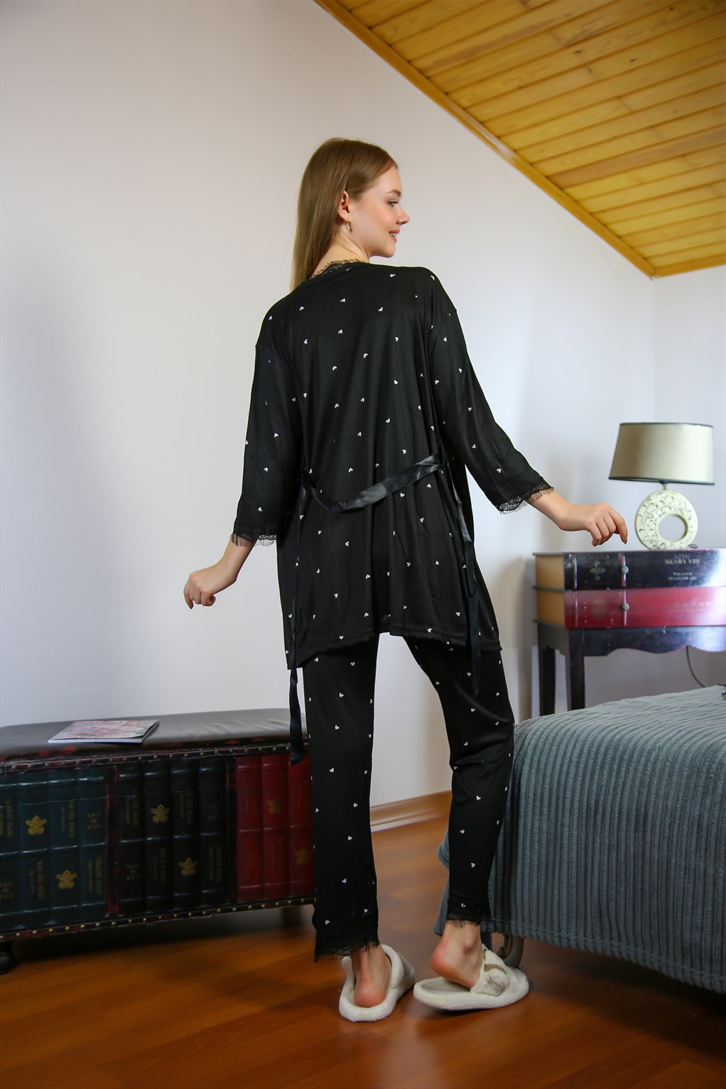 Akbeniz Kadın %100 Pamuk 3'lü Sabahlık Pijama Takım 16103