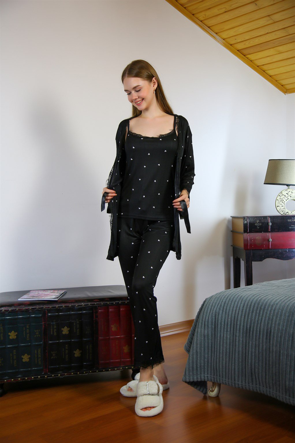 Akbeniz Kadın %100 Pamuk 3'lü Sabahlık Pijama Takım 16103