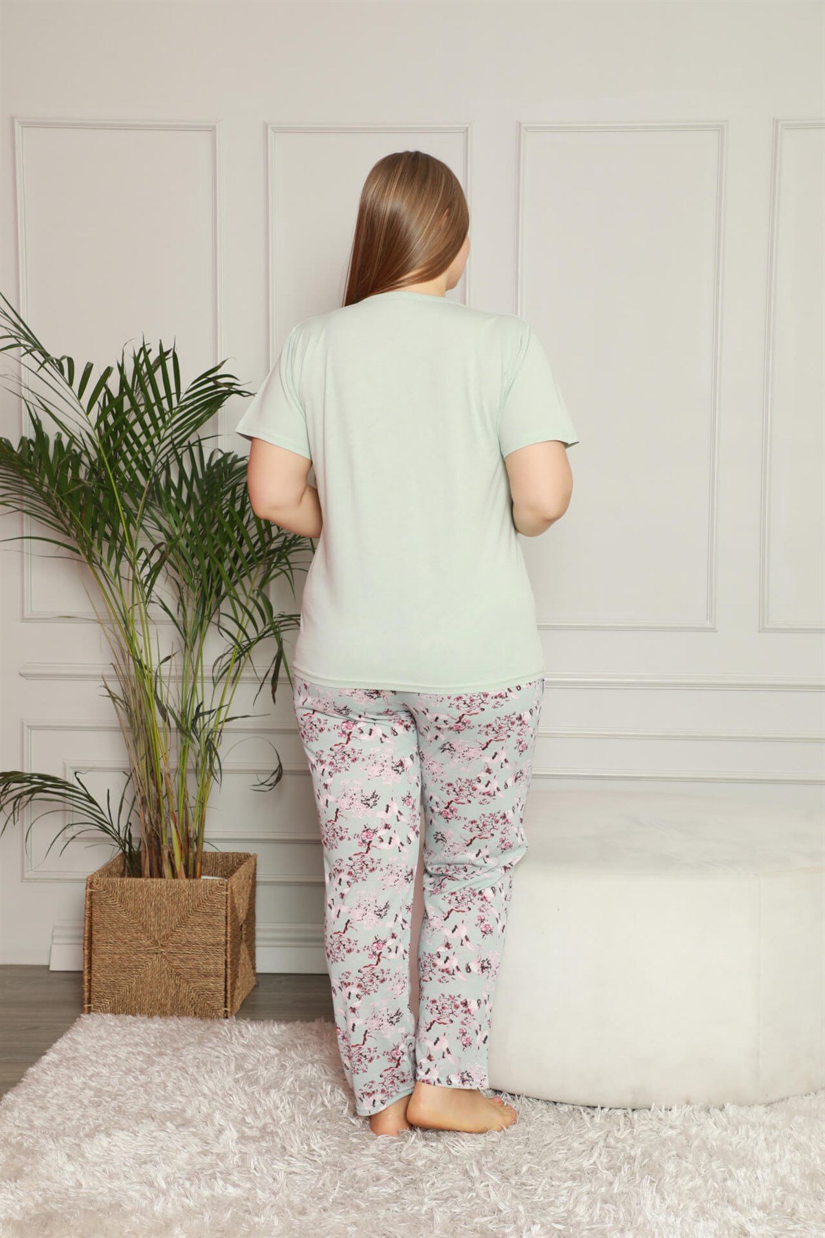 Akbeniz Kadın %100 Pamuk Cepli Kısa Kol Büyük Beden Pijama Takım 202071