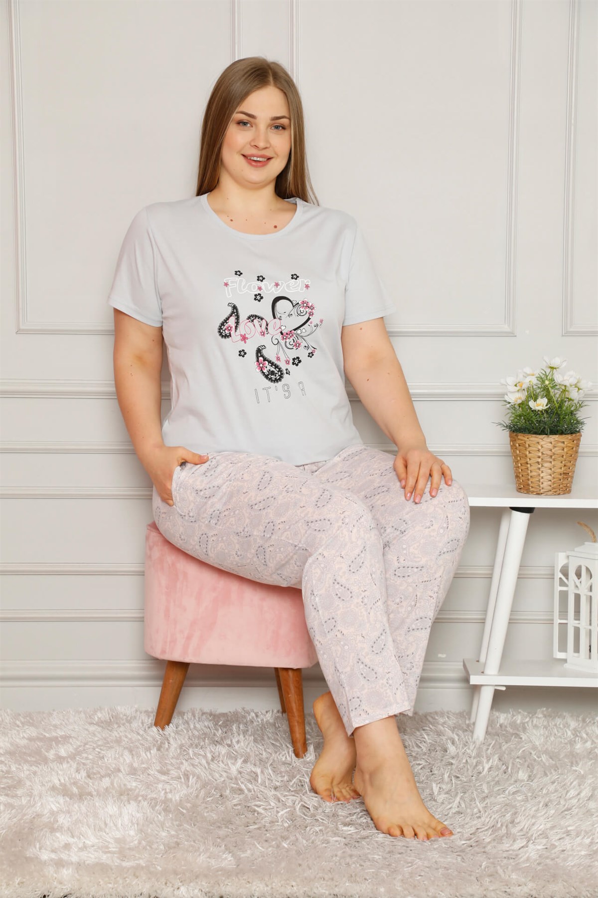 Akbeniz Kadın %100 Pamuk Cepli Kısa Kol Büyük Beden Pijama Takım 202081