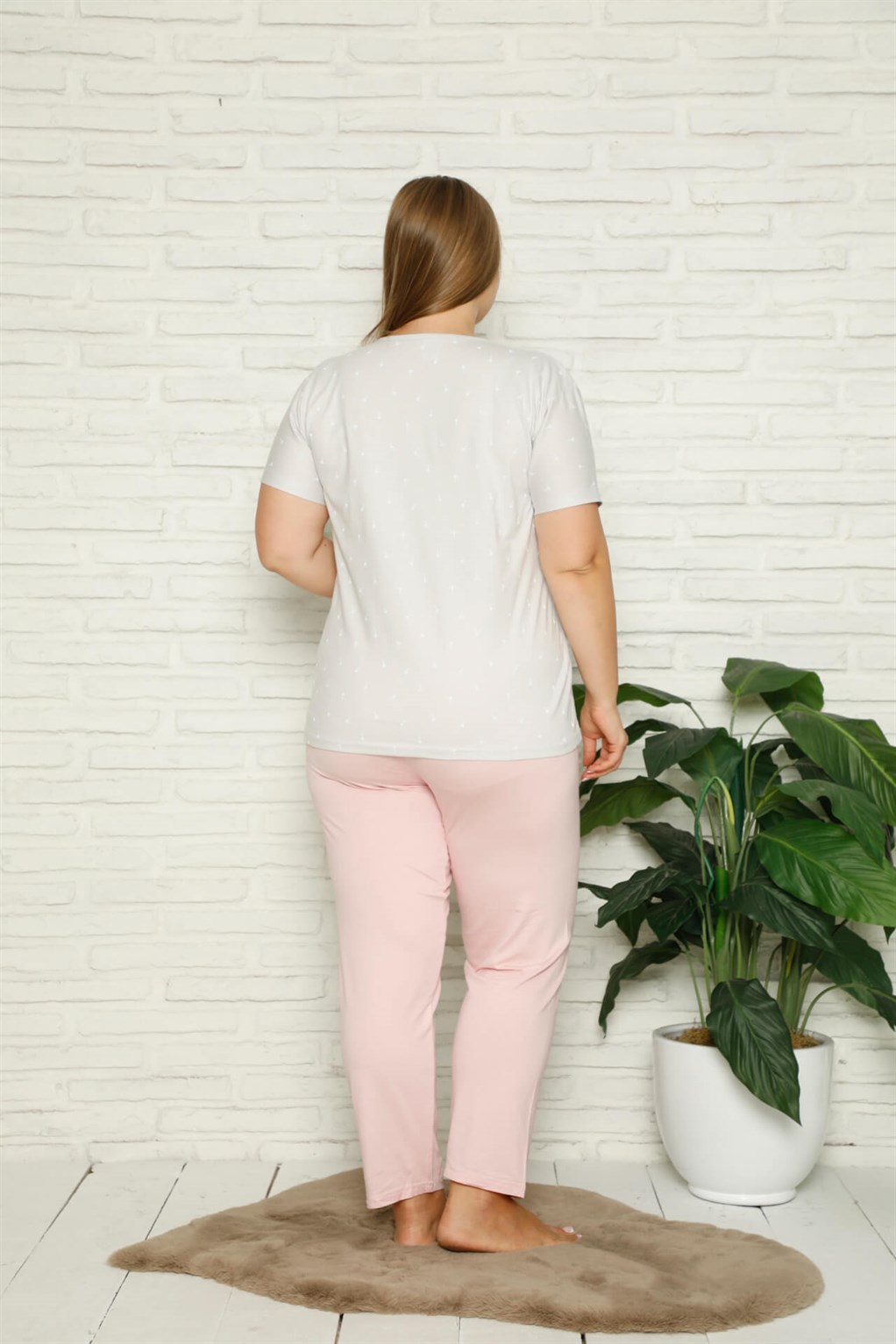 Akbeniz Kadın %100 Pamuk Cepli Kısa Kol Büyük Beden Pijama Takım 202109