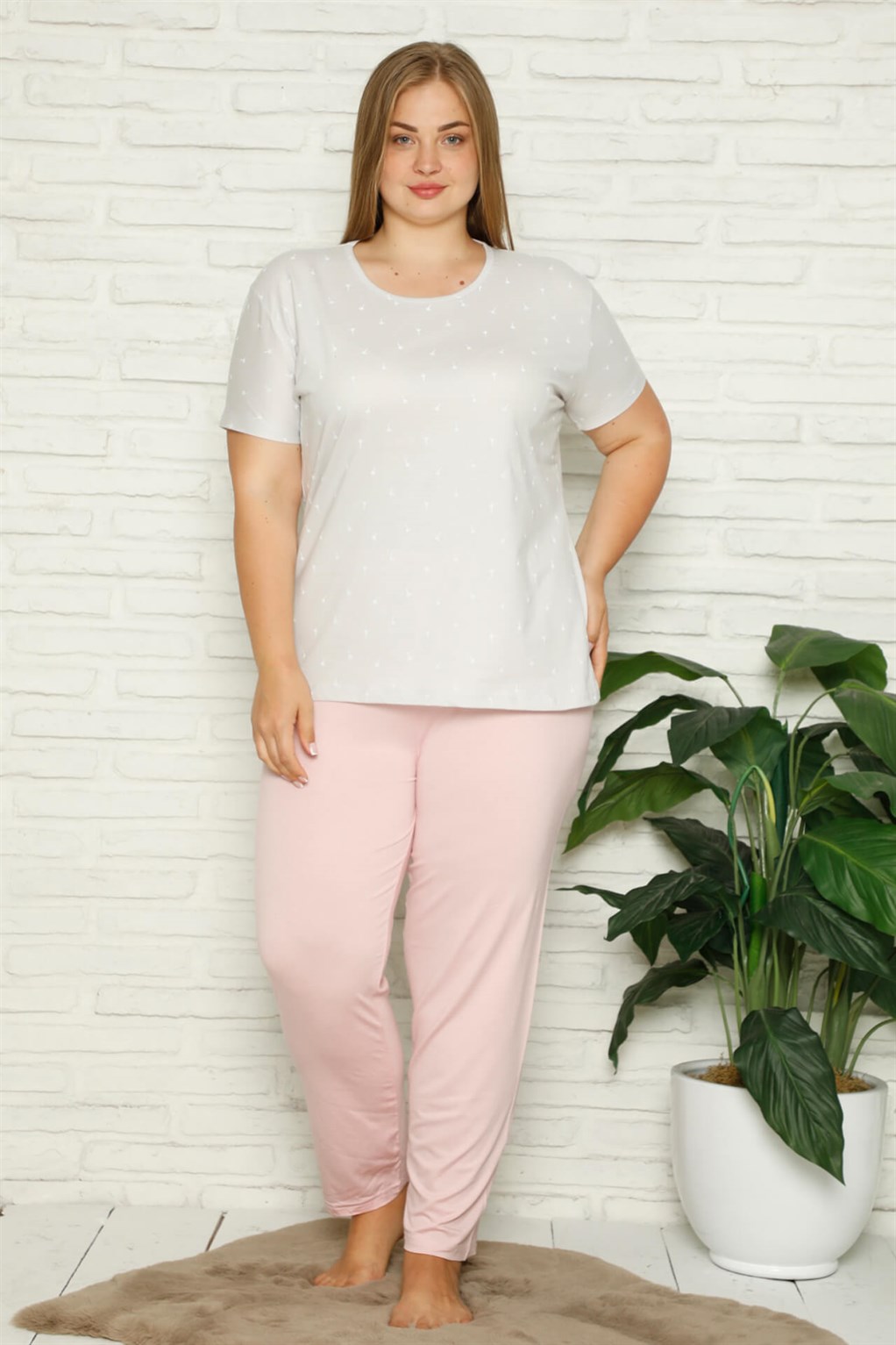 Akbeniz Kadın %100 Pamuk Cepli Kısa Kol Büyük Beden Pijama Takım 202109