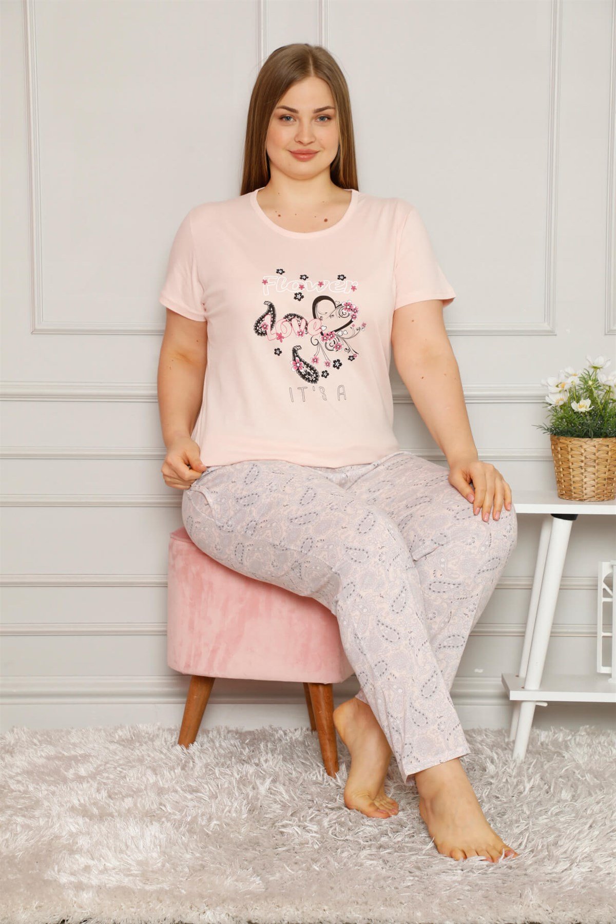 Akbeniz Kadın %100 Pamuk Cepli Kısa Kol Büyük Beden Pijama Takım 202082