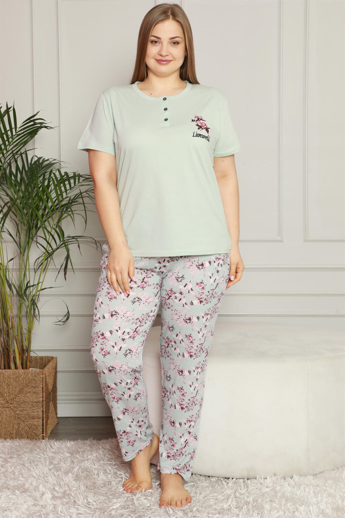 Akbeniz Kadın %100 Pamuk Cepli Kısa Kol Büyük Beden Pijama Takım 202071