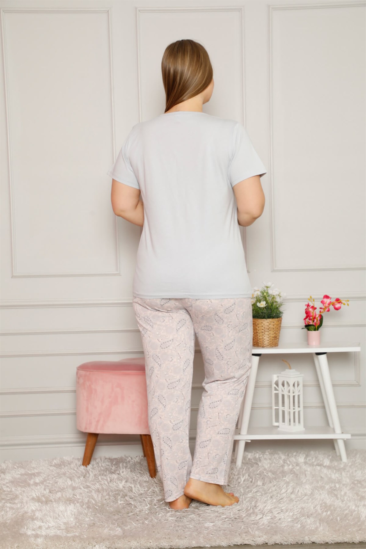 Akbeniz Kadın %100 Pamuk Cepli Kısa Kol Büyük Beden Pijama Takım 202081