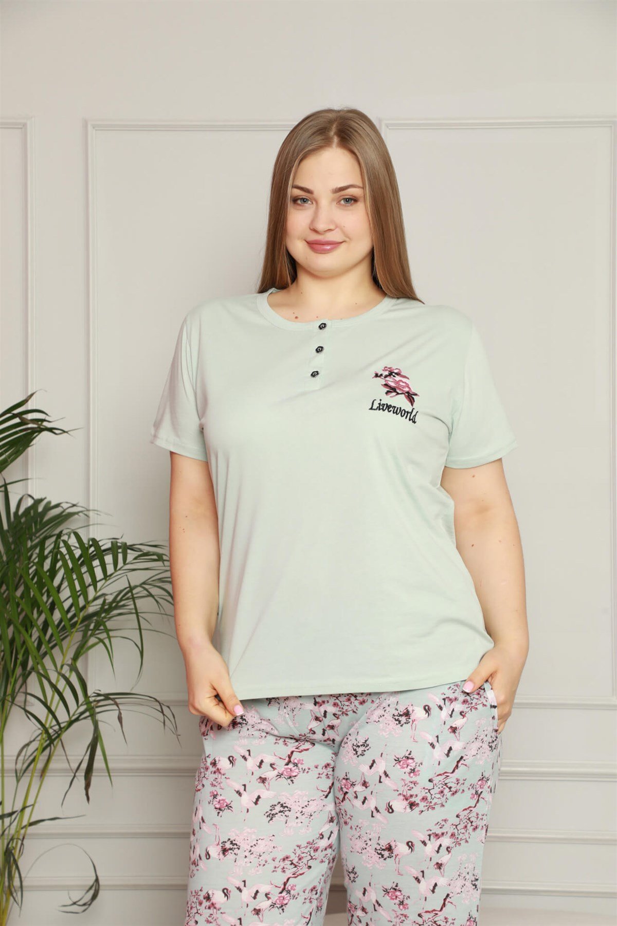 Akbeniz Kadın %100 Pamuk Cepli Kısa Kol Büyük Beden Pijama Takım 202071