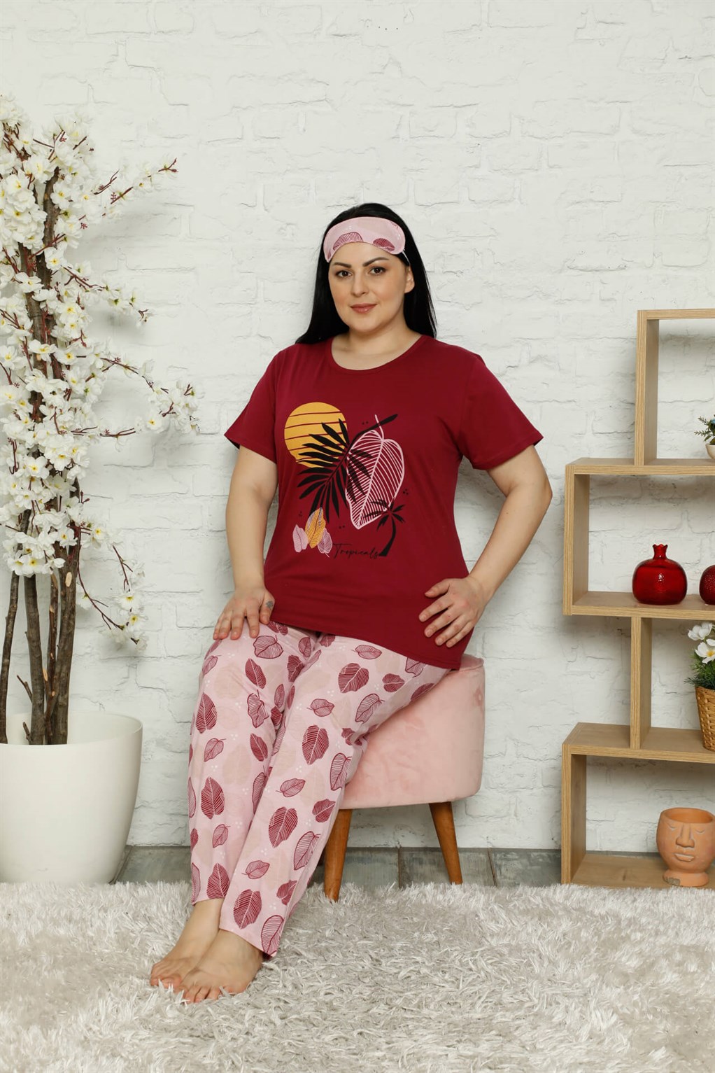 Akbeniz Kadın %100 Pamuk Cepli Kısa Kol Büyük Beden Pijama Takım 202096
