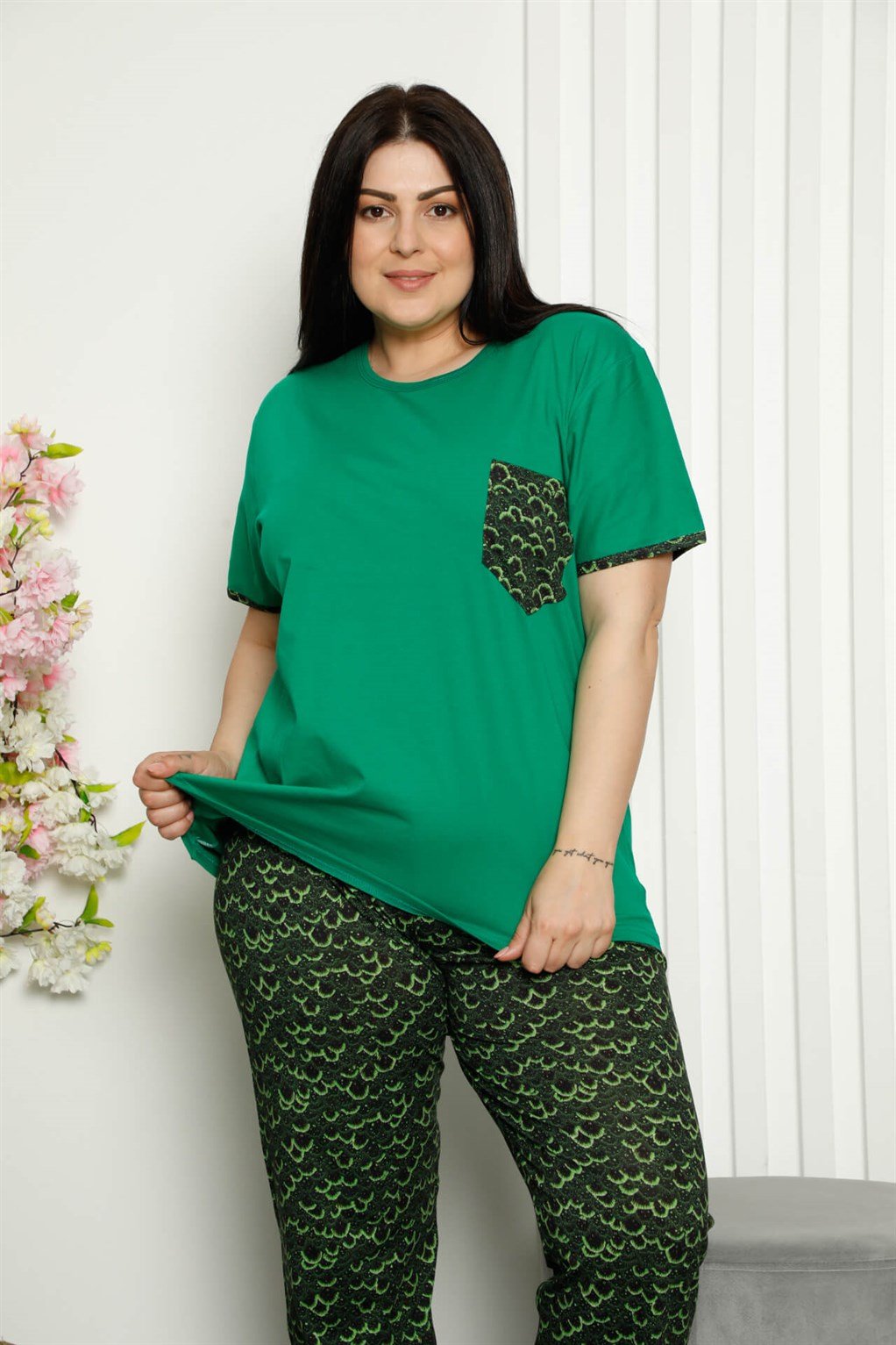 Akbeniz Kadın %100 Pamuk Cepli Kısa Kol Büyük Beden Pijama Takım 202103