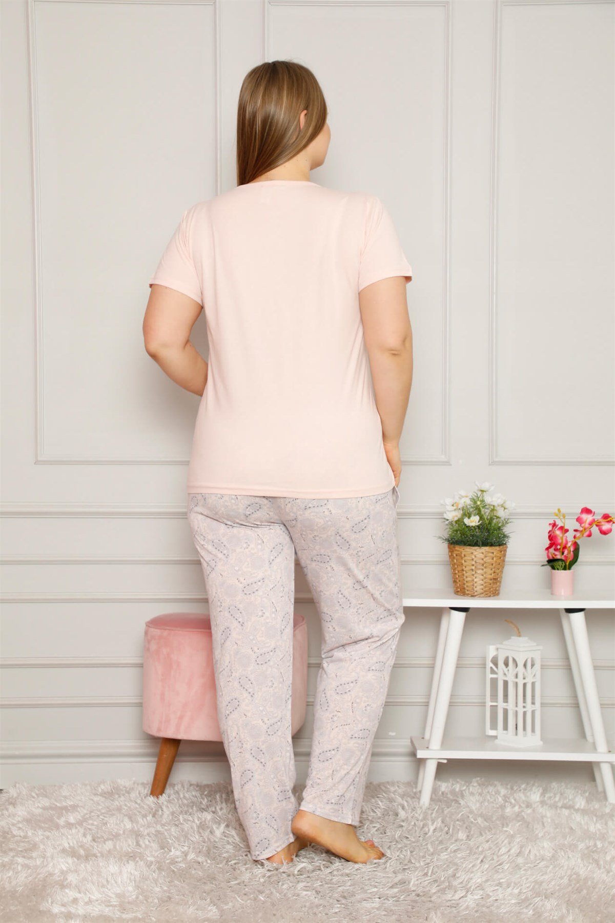 Akbeniz Kadın %100 Pamuk Cepli Kısa Kol Büyük Beden Pijama Takım 202082