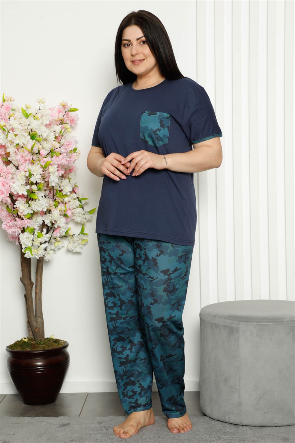 Akbeniz Kadın %100 Pamuk Cepli Kısa Kol Büyük Beden Pijama Takım 202106