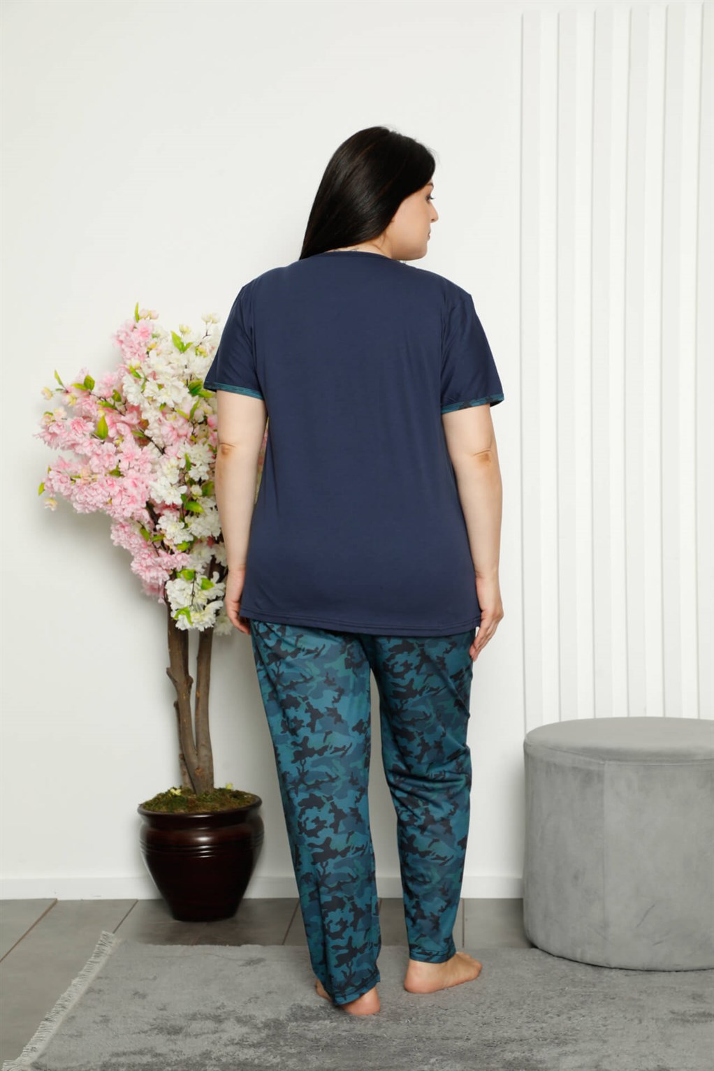 Akbeniz Kadın %100 Pamuk Cepli Kısa Kol Büyük Beden Pijama Takım 202106