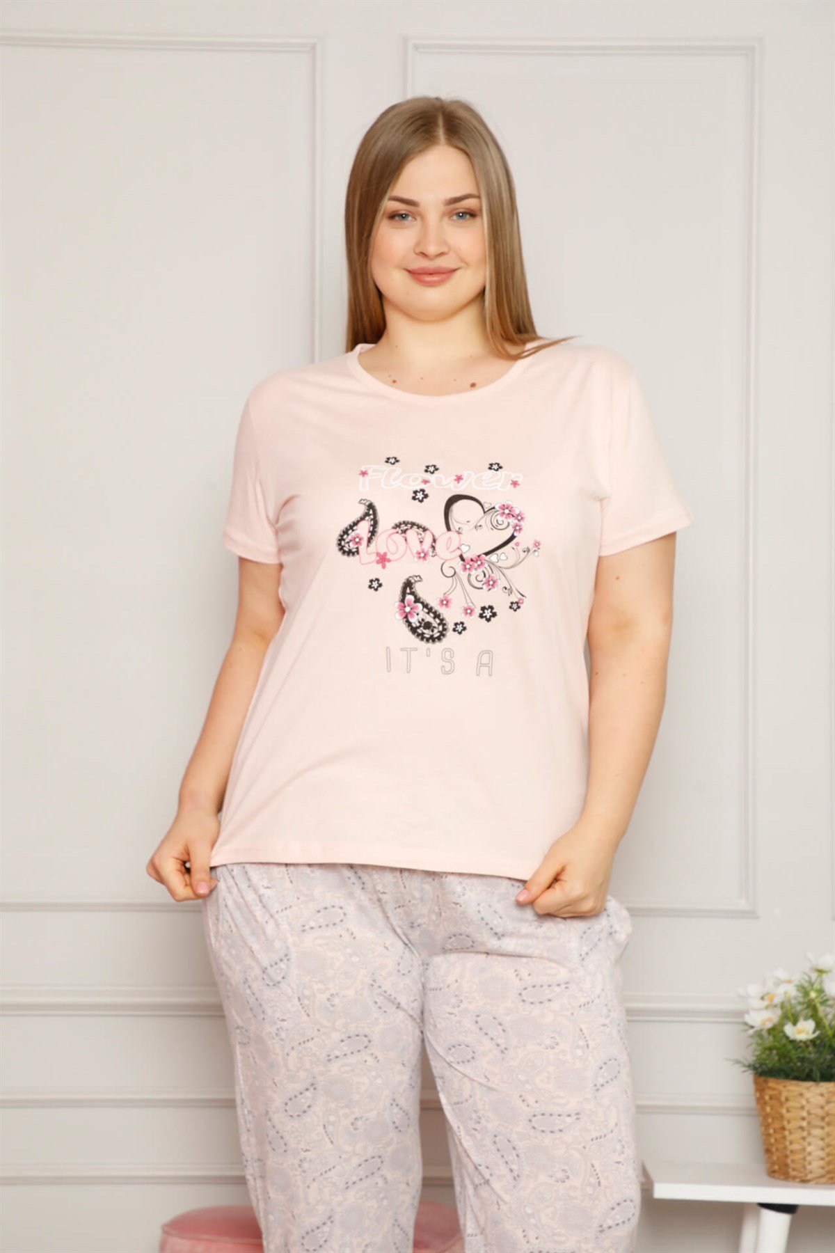 Akbeniz Kadın %100 Pamuk Cepli Kısa Kol Büyük Beden Pijama Takım 202082