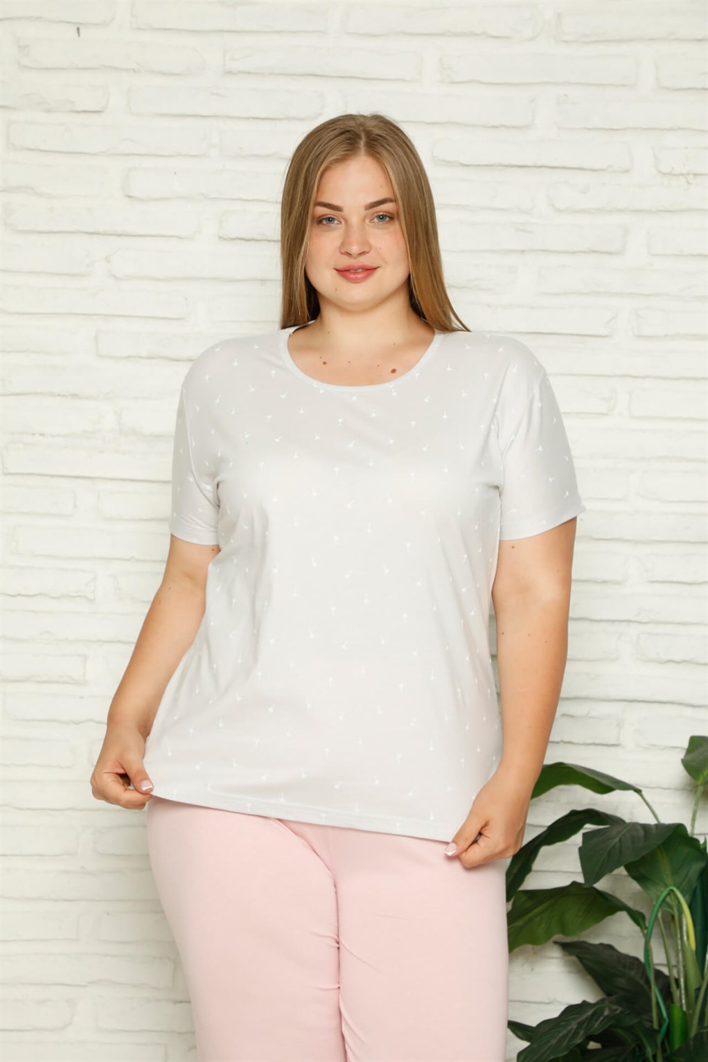 Akbeniz Kadın %100 Pamuk Cepli Kısa Kol Büyük Beden Pijama Takım 202109